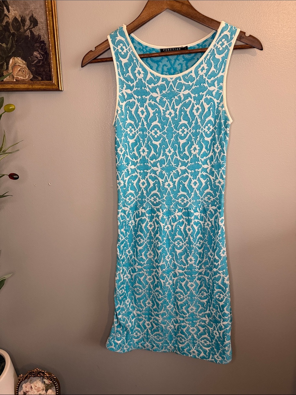 Peruvian Connection Turquoise White Sleeveless Mini Dress - Picture 6 of 7